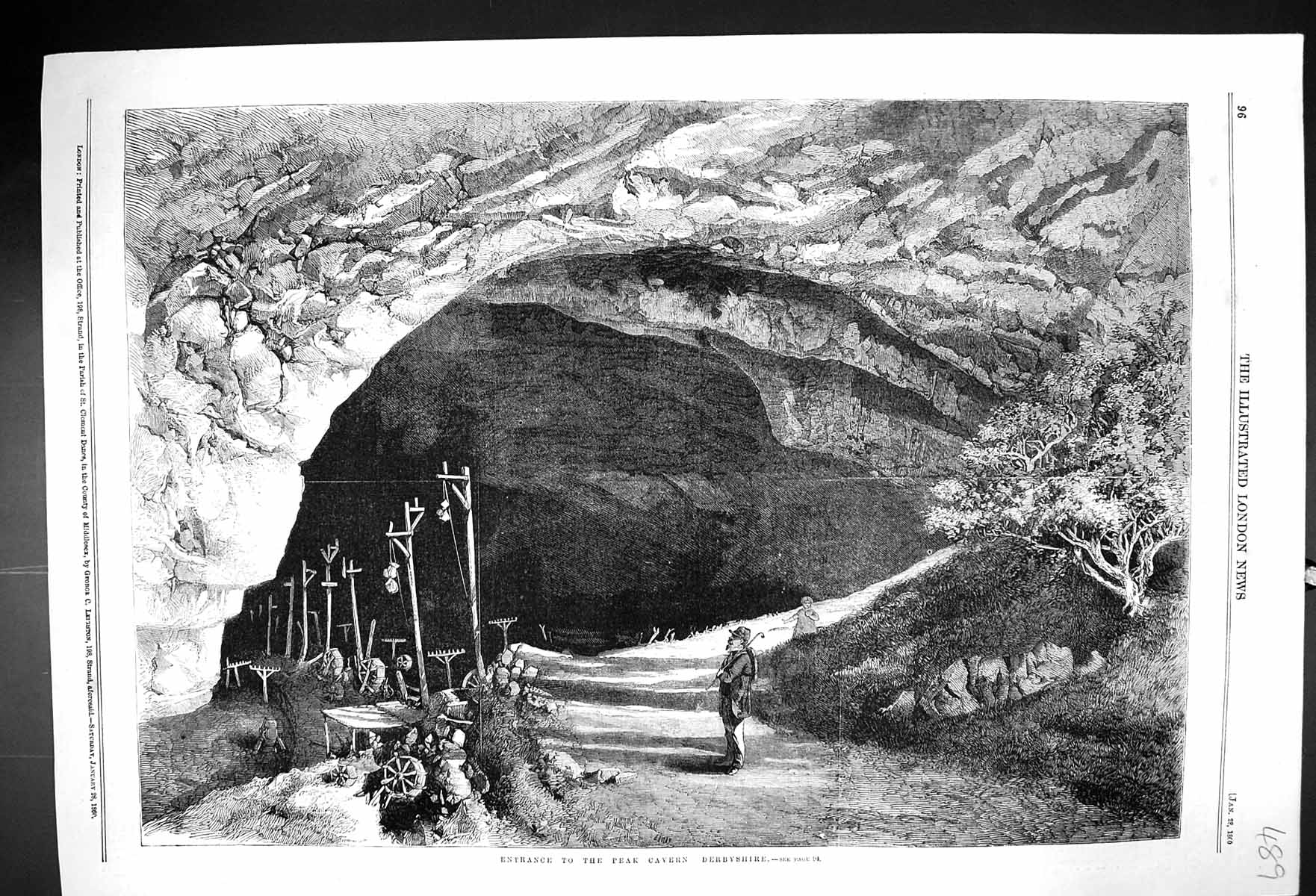 Antique Old Print 1860 Entrance Peak Cavern Cave Derbyshire England Fine Art