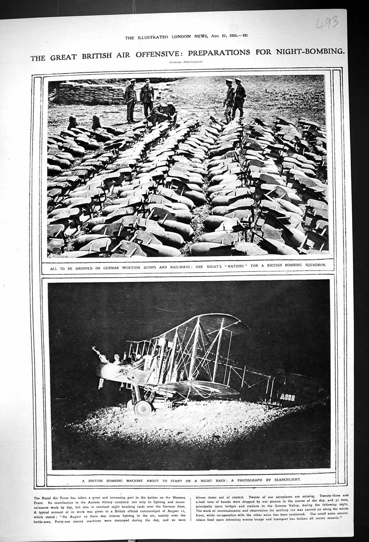 Antique Old Print 1918 British Bombing Machine Aeroplane Bombs War Photograph