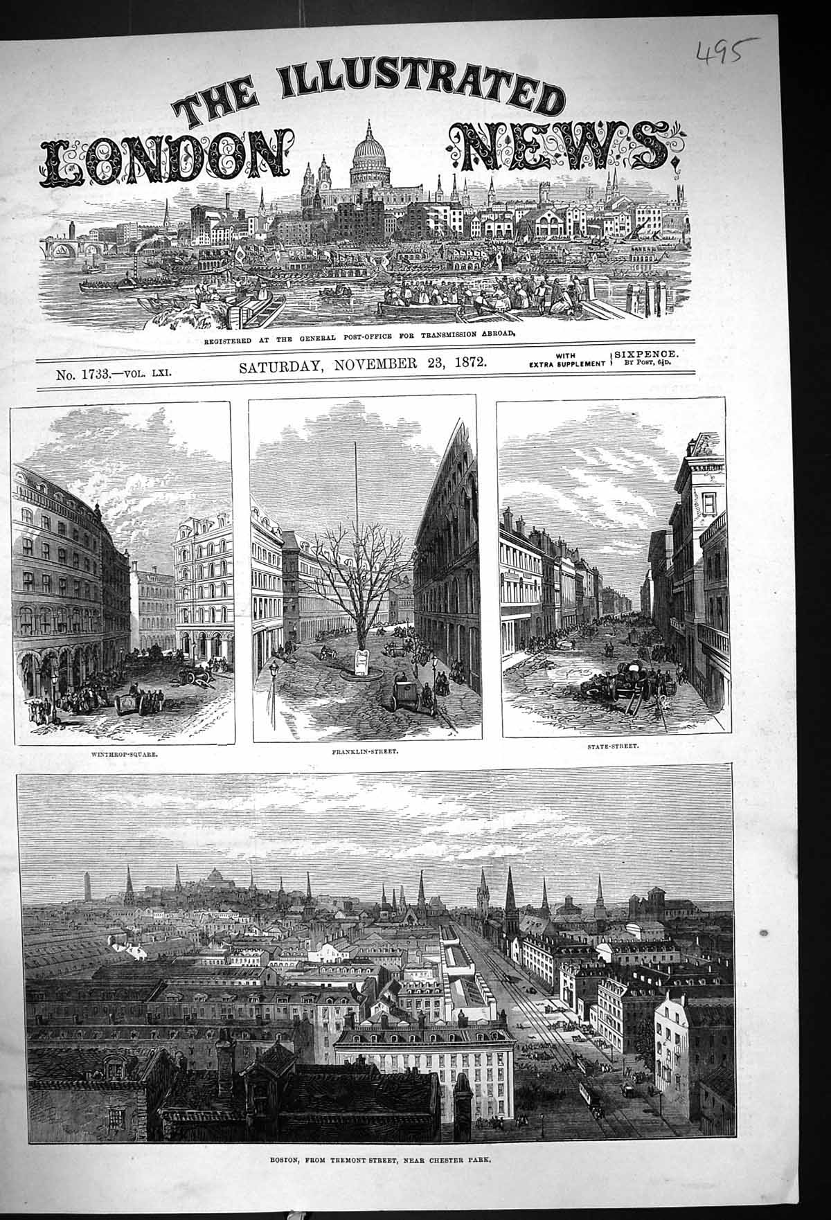Old 1872 View Boston Tremont Street Winthrop Square Franklin State Am Victorian