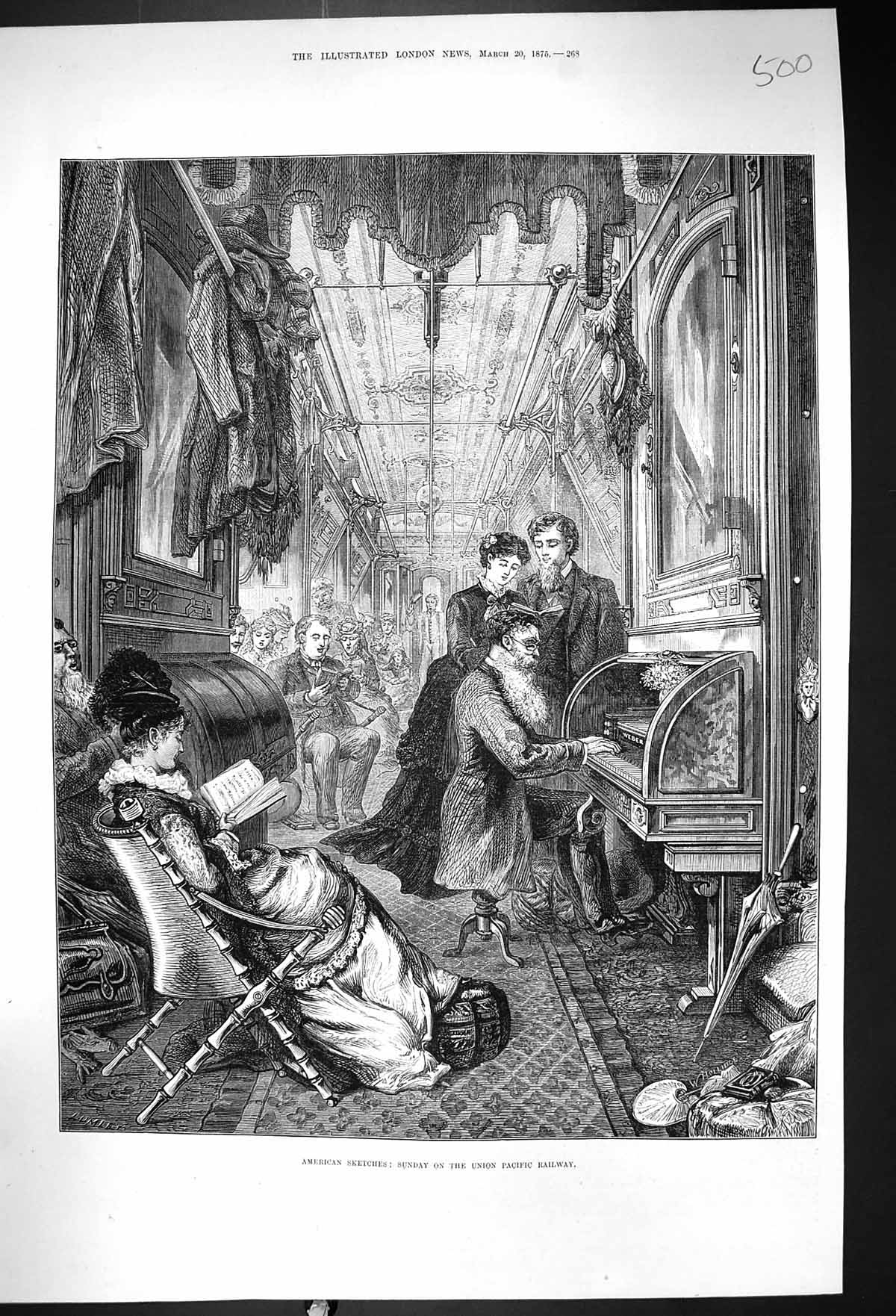Old 1875 Scene Sunday Music Union Pacific Railway Train Fine Art Amer Victorian