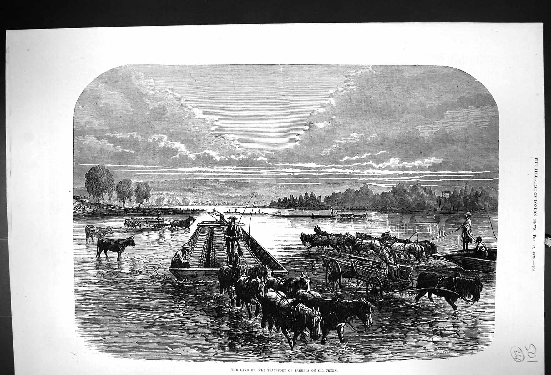 Old Print 1875 Oil Transport Barrels Creek River Horses Waggons Fine Art 19th