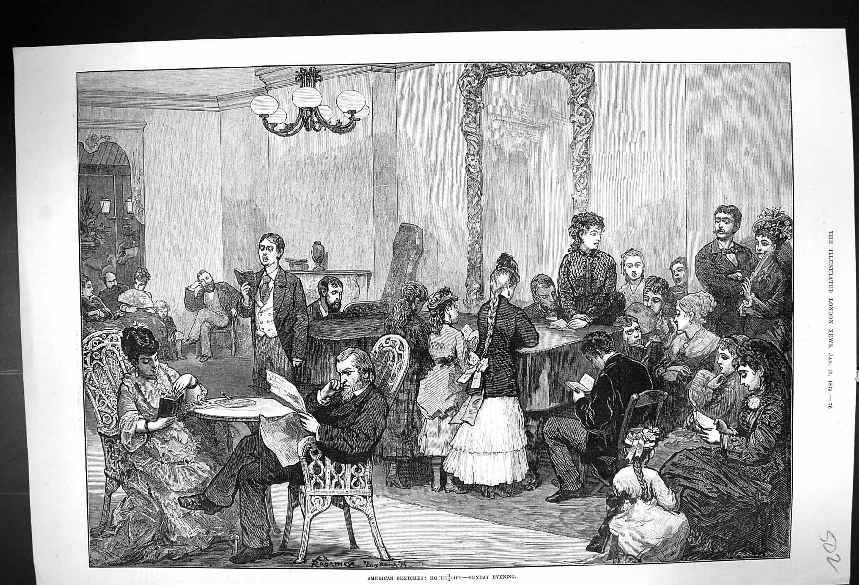 Old 1875 America Scene Hotel Life Sunday Evening Entertainment Fine A Victorian