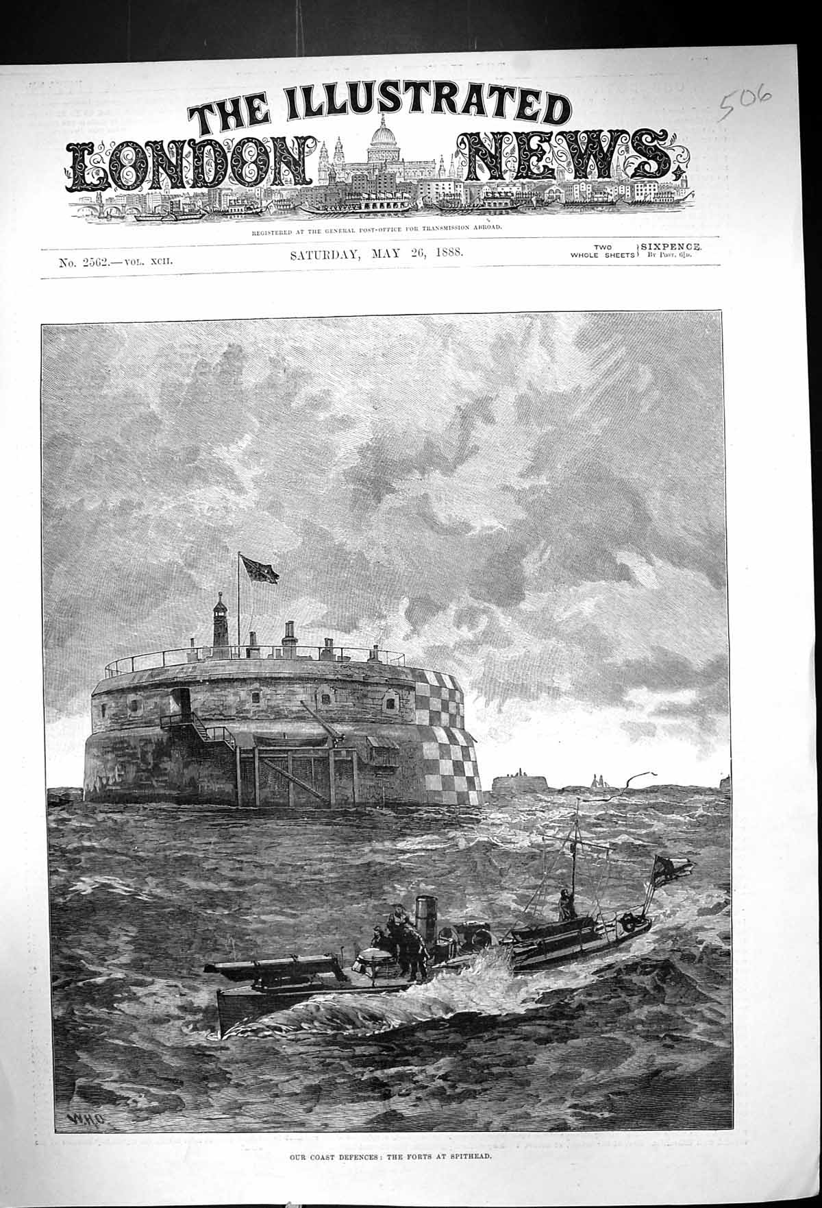 Original Old Antique Print 1888 Forts Spithead War Submarine Fine Art Victorian