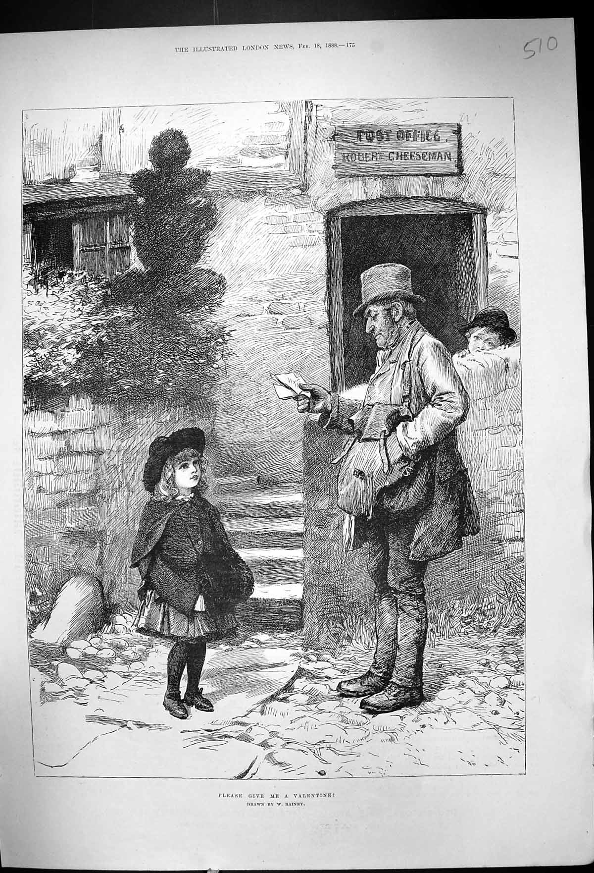 Antique Print 1888 Post Office Robert Cheeseman Post-Man Letter Little Girl