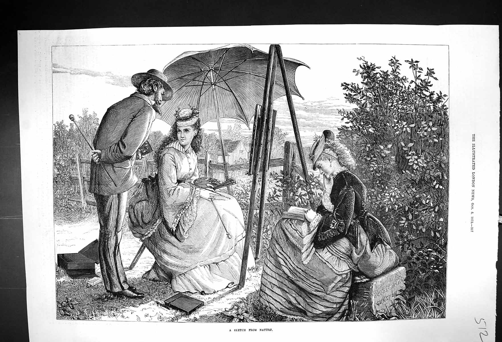 Old 1872 Nature Sketch Lady Artist Painting Easel Umbrella Man Countr Victorian
