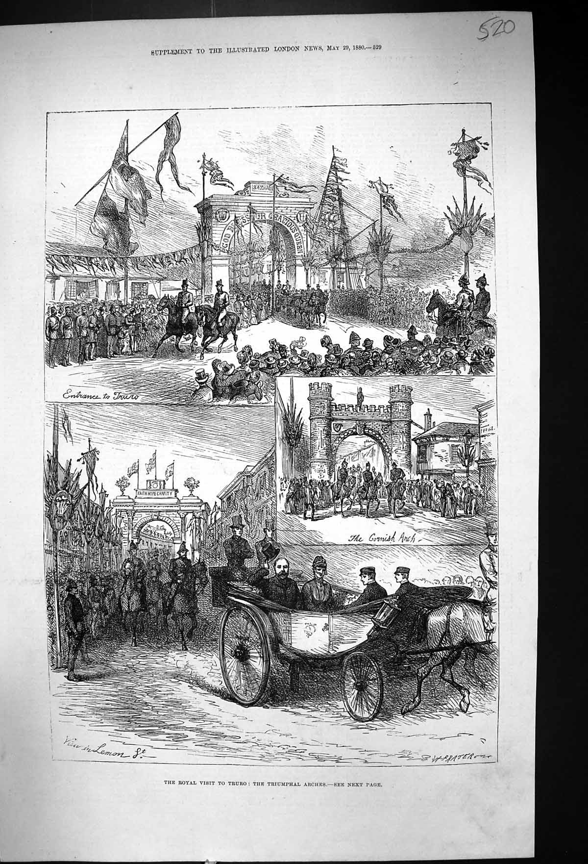 Antique Old Print 1880 Royal Visit Truro Triumphal Arches Cornish Procession