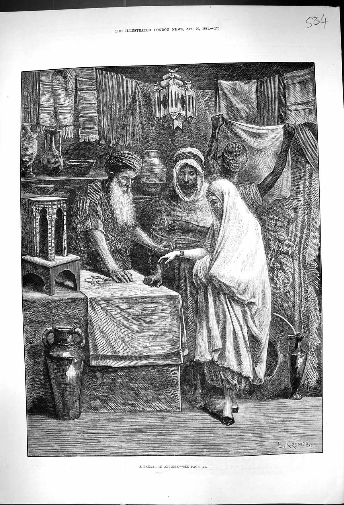 Antique Old Print 1881 Street Seller Bazaar Algiers Africa Kremer Fine Art 19th