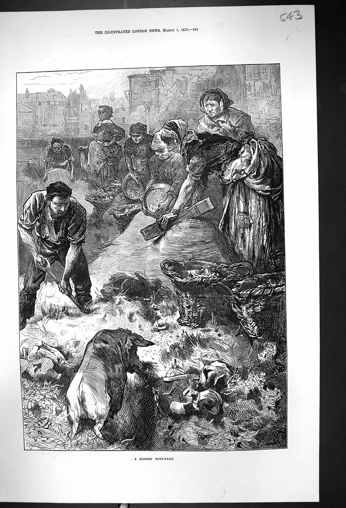 Original Old Antique Print 1873 Scene London Dust-Yard Pig Poor People Fine Art