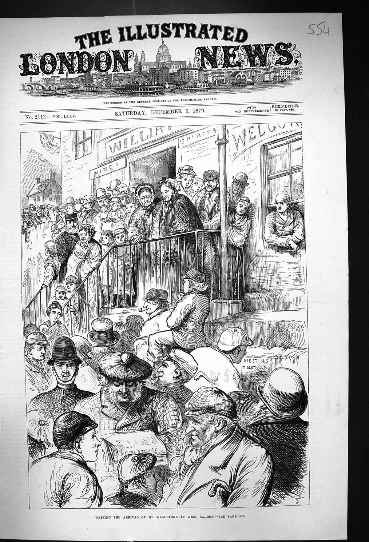 Antique Old Print 1879 Street Scene Waiting Arrival Mr. Gladstone West Calder