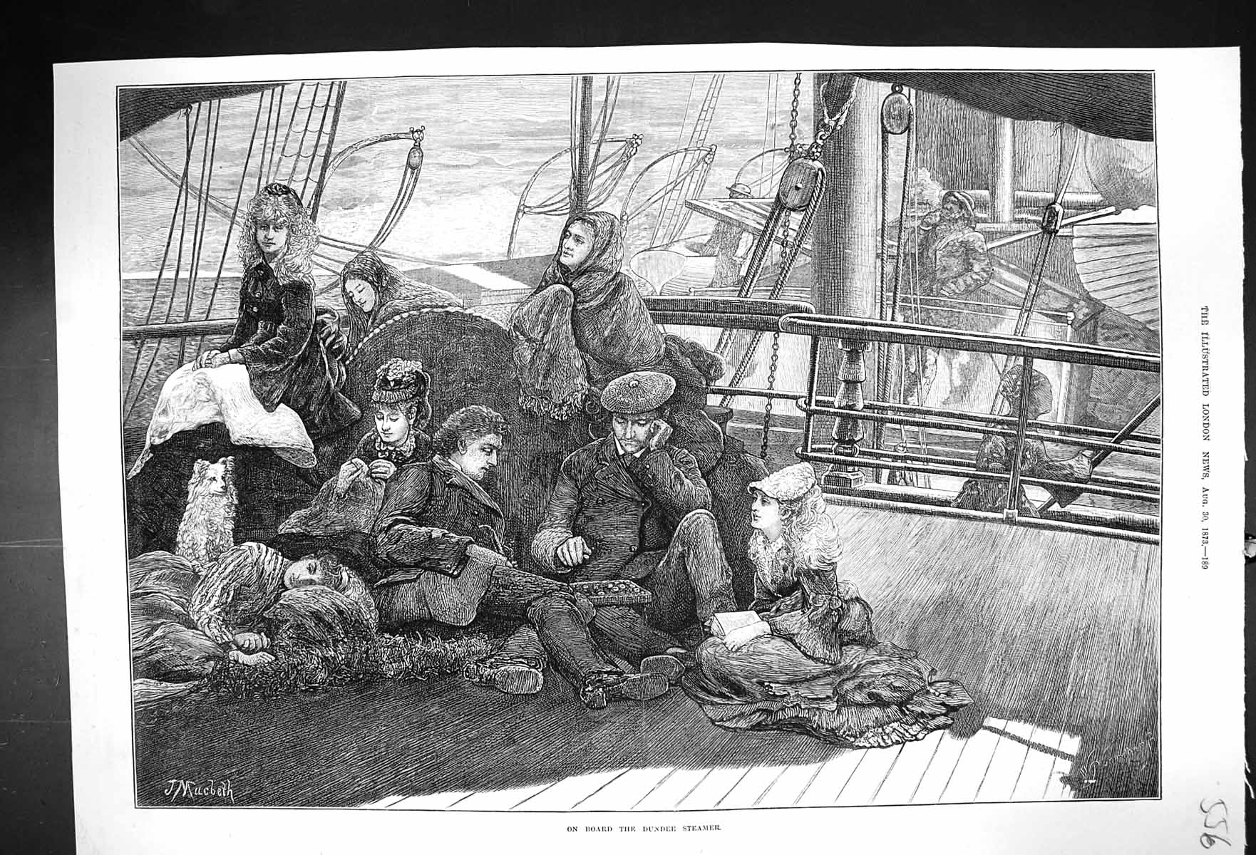 Original Old Antique Print 1873 Scene Board Dundee Steamer Passengers Macbeth