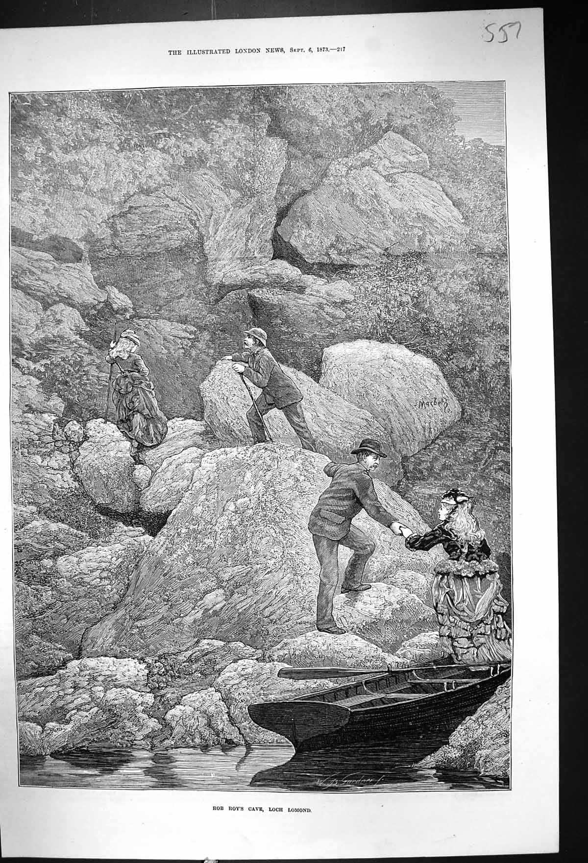 Antique Old Print 1873 Rob Roy'S Cave Loch Lomond Scotland Gardner Fine Art