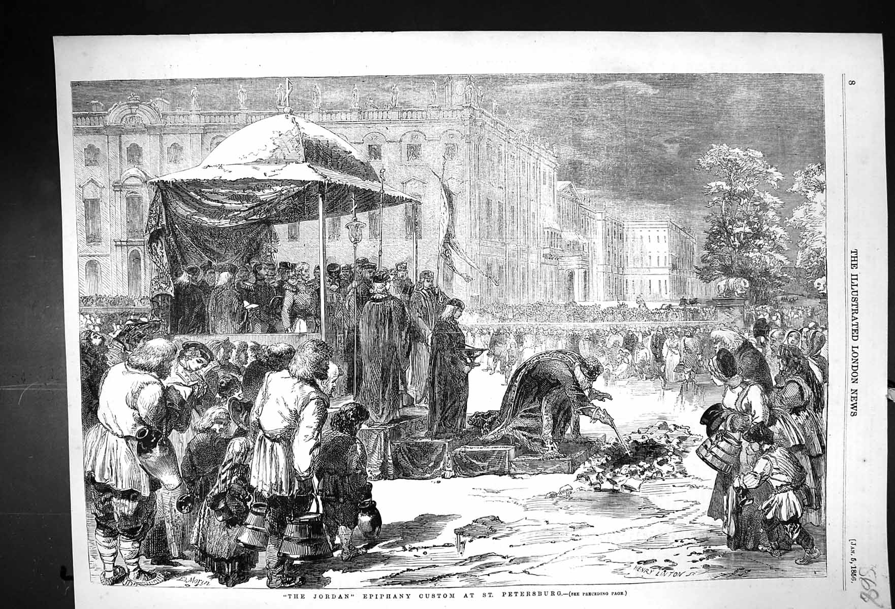 Original Old Antique Print 1856 Jordan Epiphany Custom St. Petersburg Russia