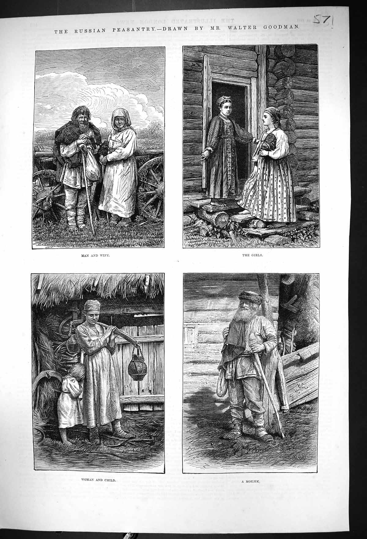 Antique Print 1877 Russian Peasantry Man Wif Children Moujik Walter Goodman