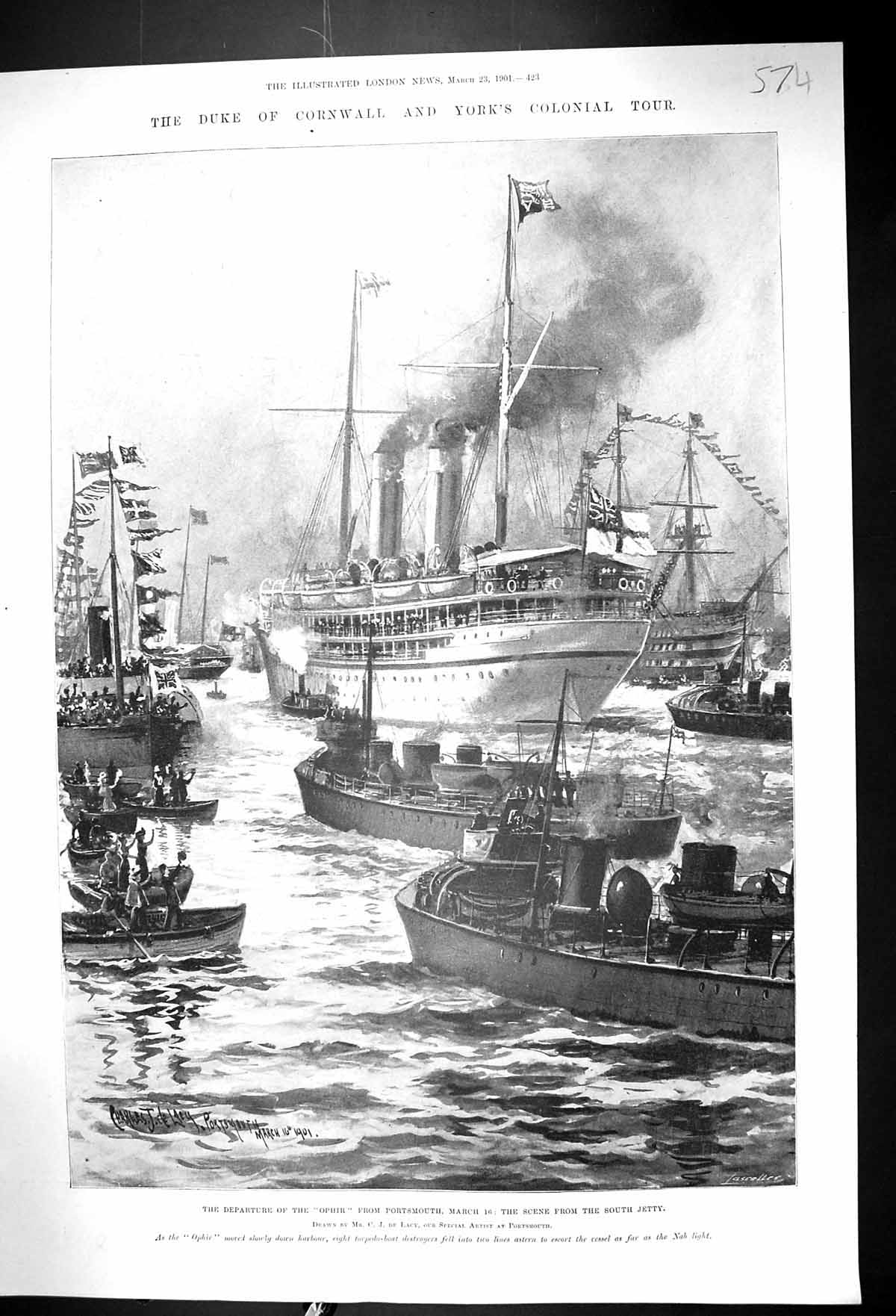 Original Old Antique Print 1901 Duke Cornwall York Ship Ohpir Portsmouth Lacy