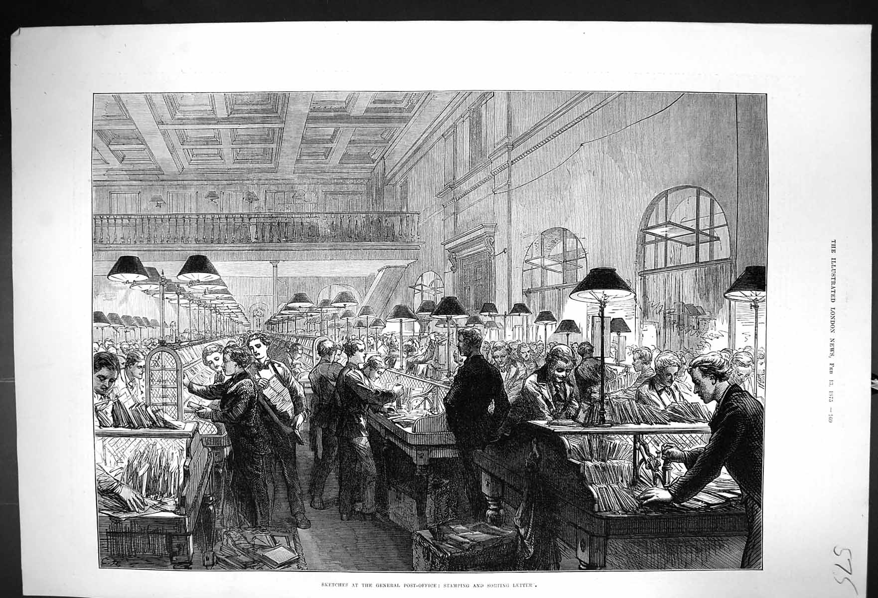 Old Print 1873 Scene General Post Office Workers Stamping Sorting Letters 19th