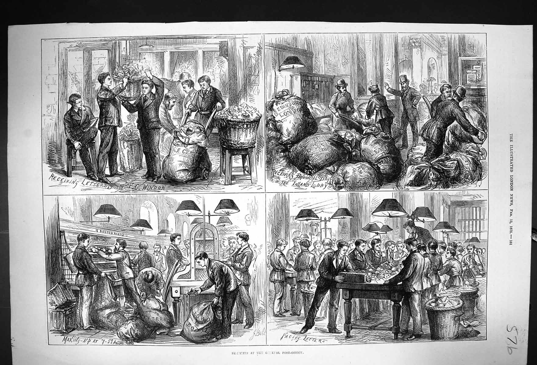 Original Old Antique Print 1875 General Post Office Receiving Letters Mail 19th