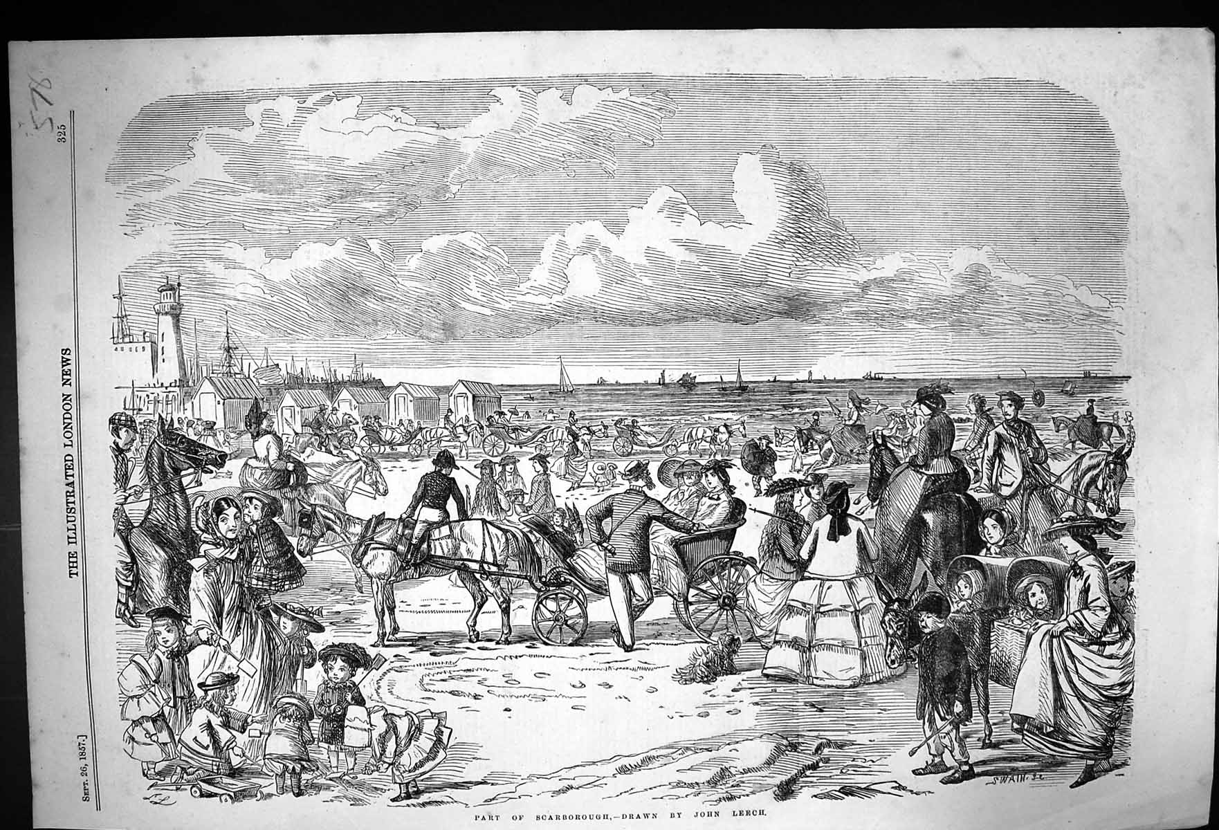 Antique Print 1857 Beach Scene Scarborough Huts Lighthouse Horses Carriage 19th