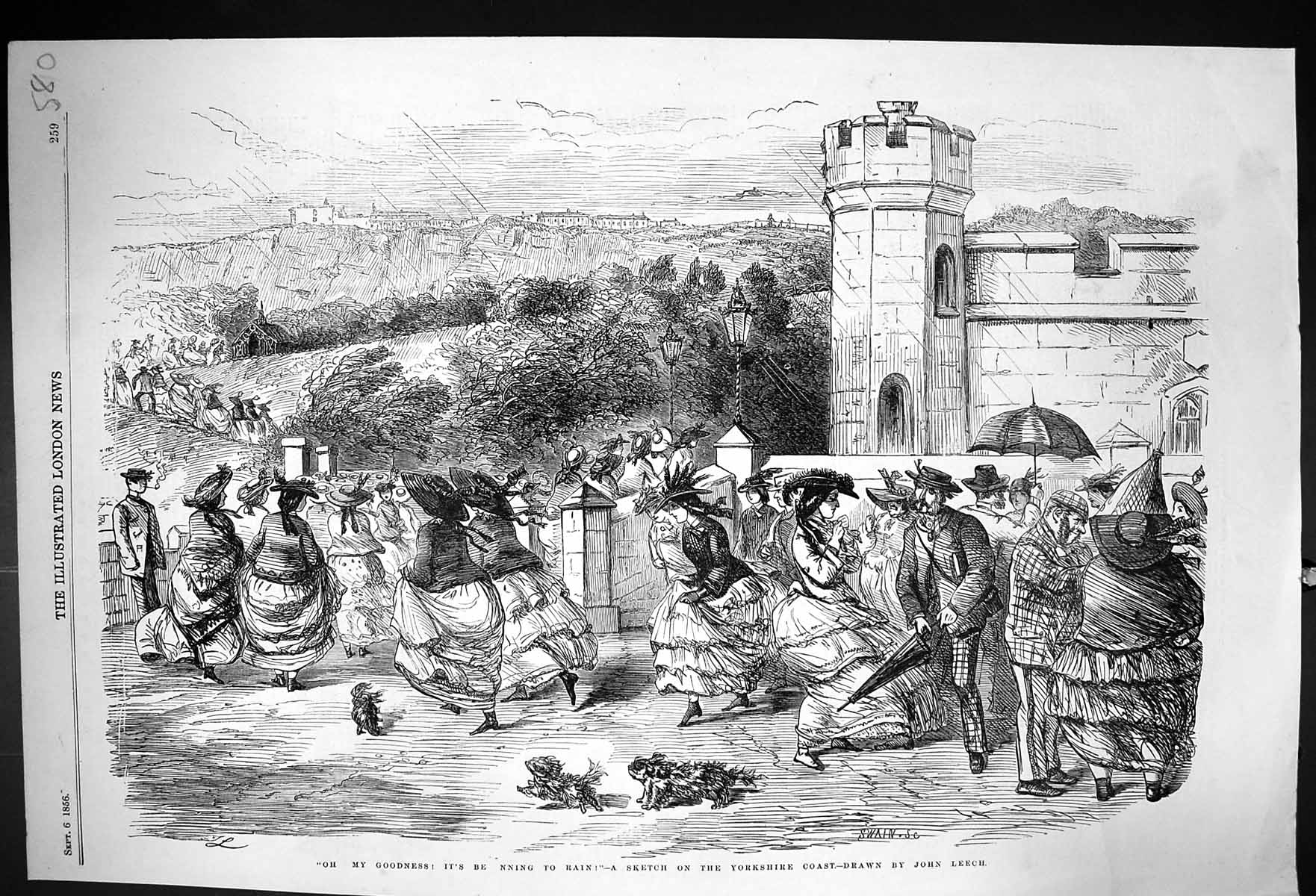 Original Old Antique Print 1856 Scene Yorkshire Coast England Winday Weather