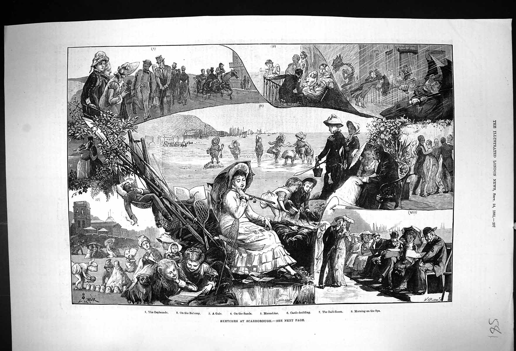 Antique Print 1881 Scarborough Esplanade Sand Castle Beach Scene Moonshine 19th