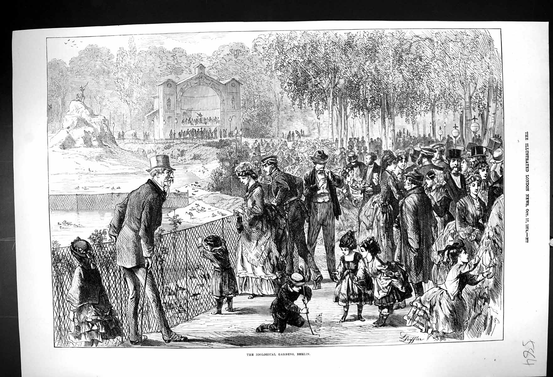 Old Antique Print 1874 Zoological Gardens Berlin Germany Children Animals 19th