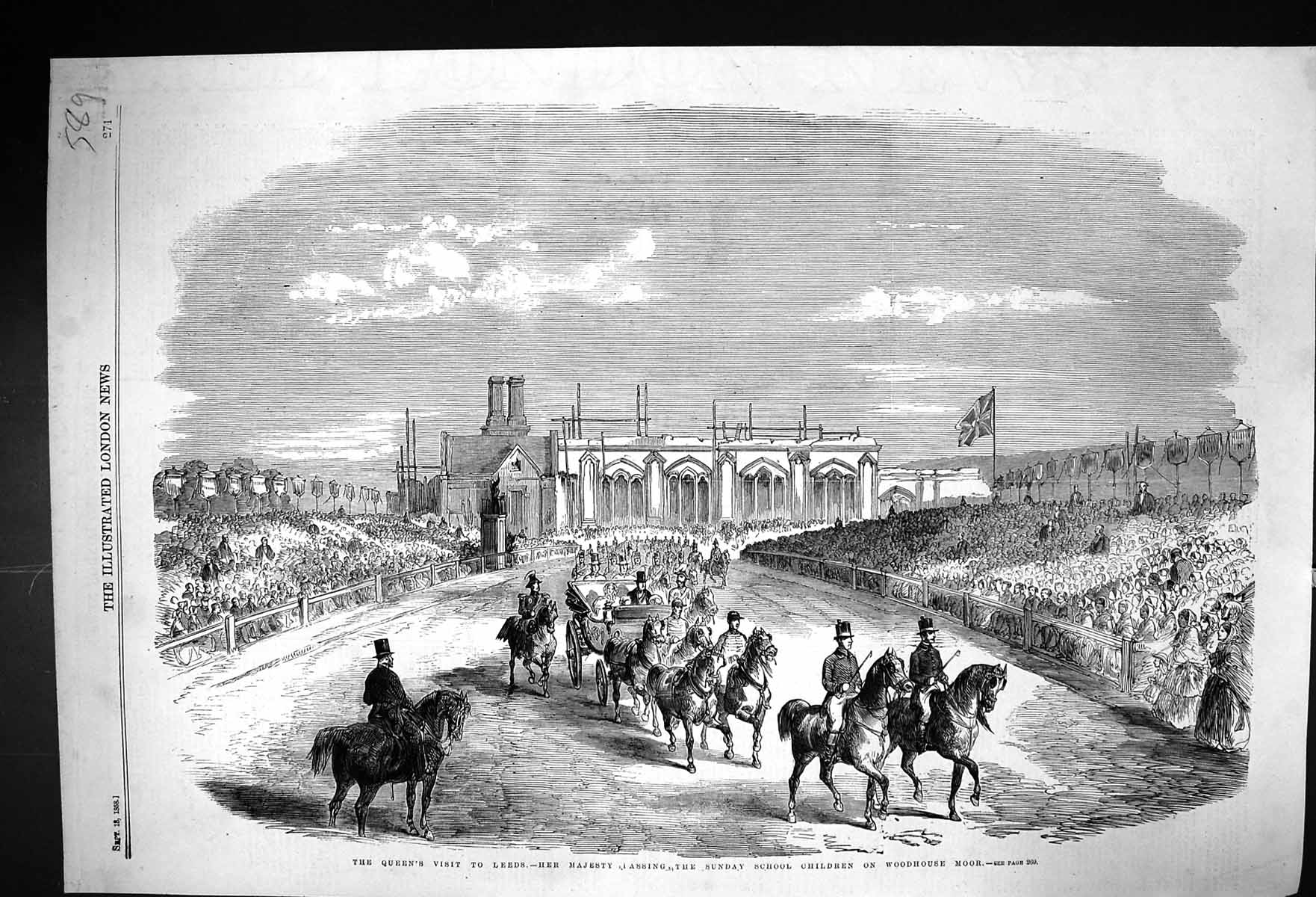Antique Print 1858 Queen Visit Leeds Sunday School Children Woodhouse Moor 19th