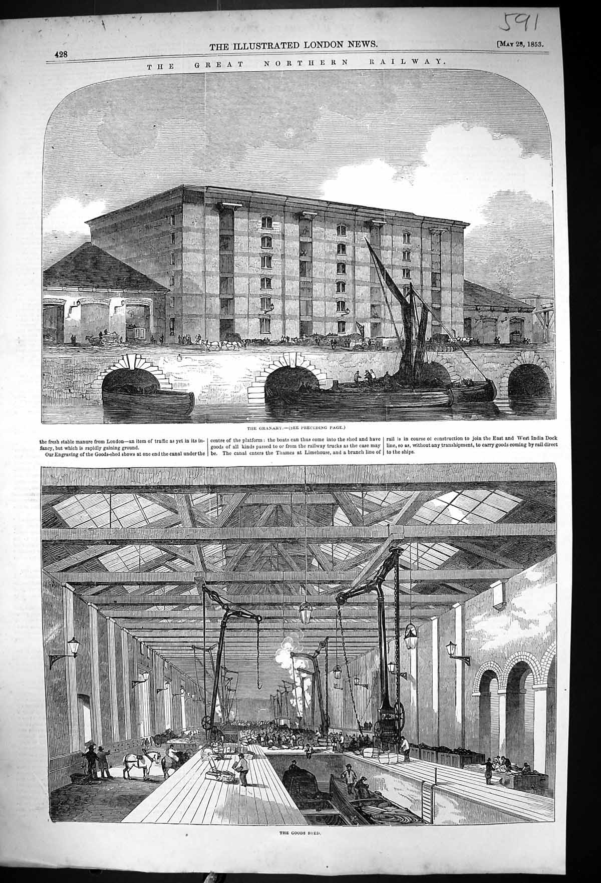 Old 1853 Great Northern Railway Granary River Boats Goods Shed Transp Victorian