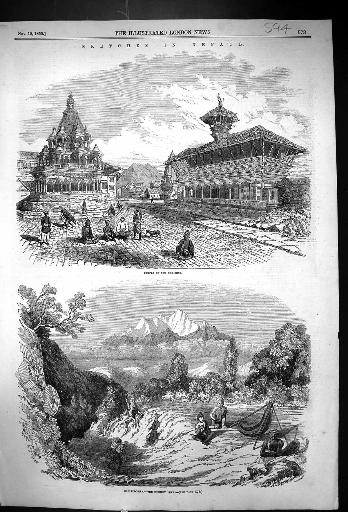 Old Antique Print 1855 Nepual Temple Sru Khrishna Goosain Than Mountains 19th