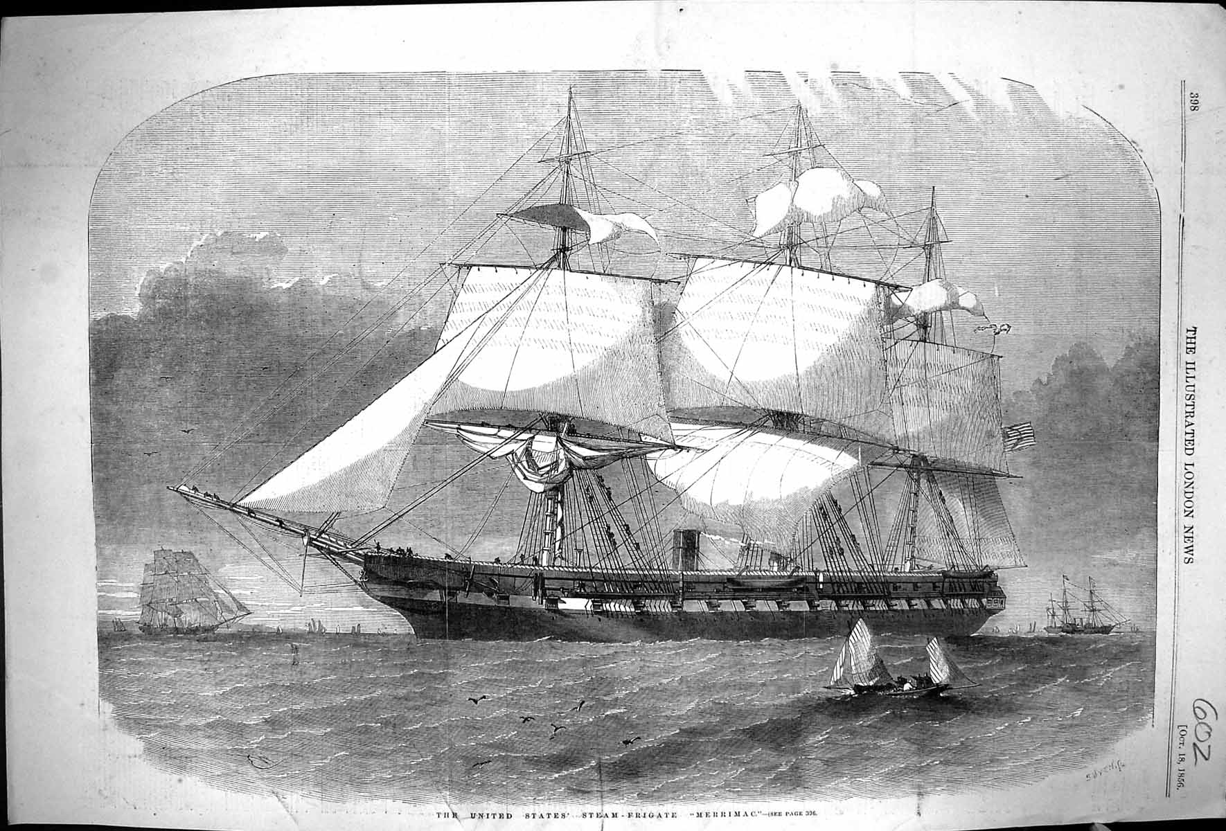 Old Antique Print 1856 United States America Steam Frigate Ship Merrimac 19th