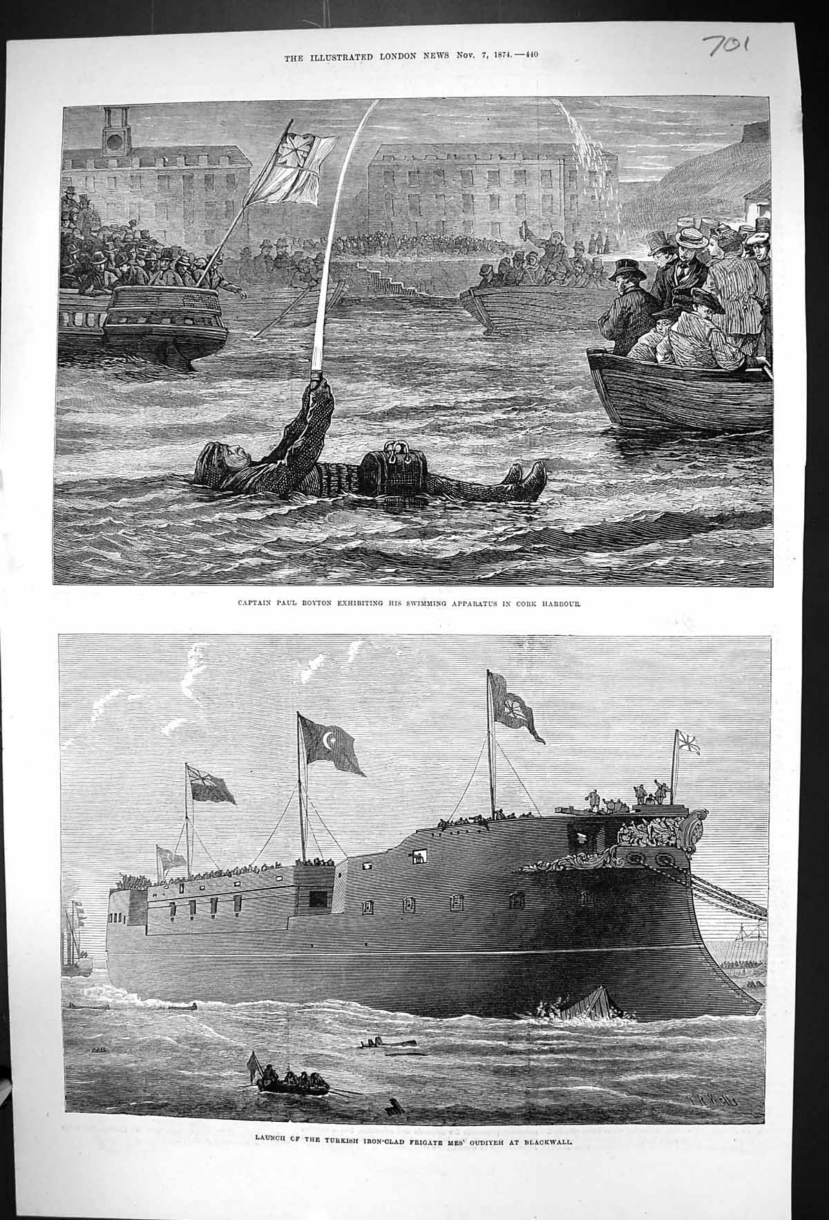 Old 1874 Captain Paul Boyton Swimming Cork Harbour Ship Mes' Oudiyeh Victorian