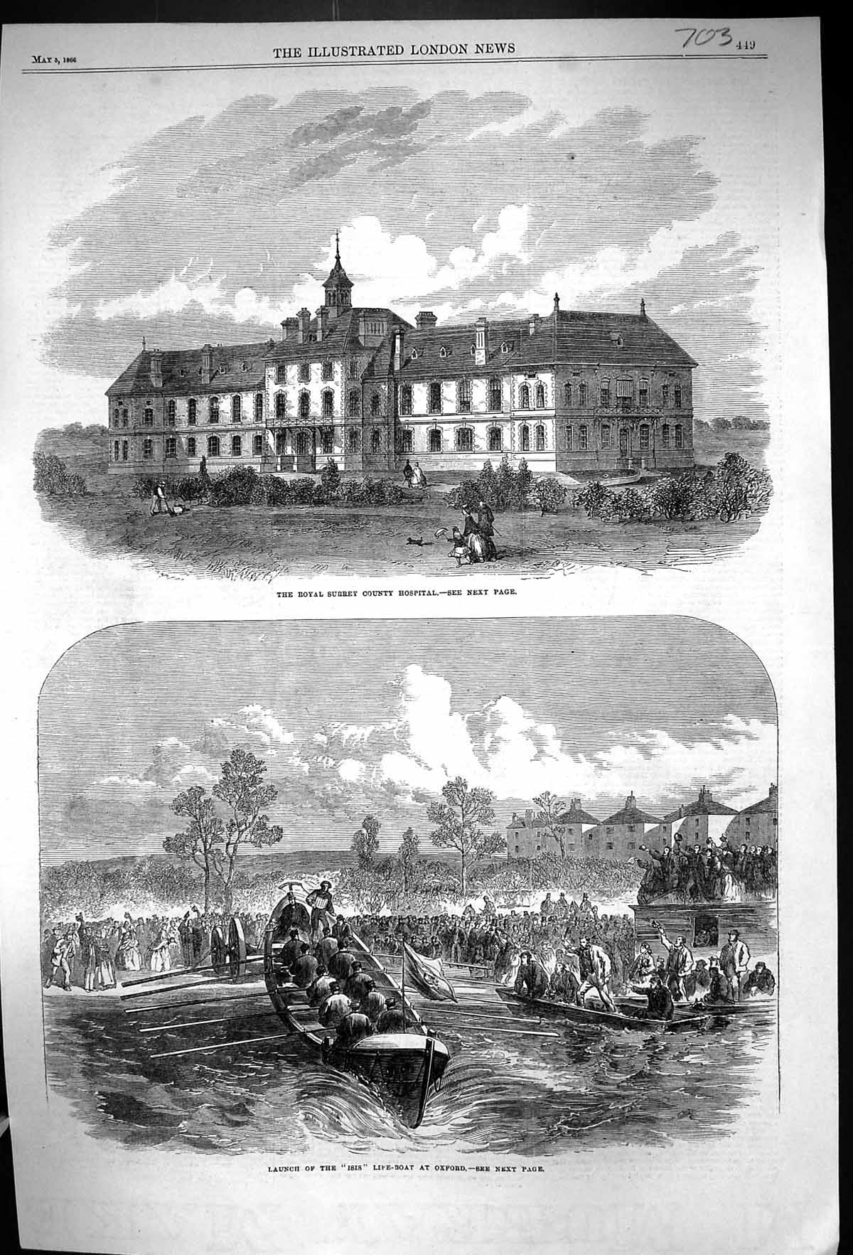 Old 1866 Exterior Royal Surrey County Hospital Launch Life-Boat Isis Victorian