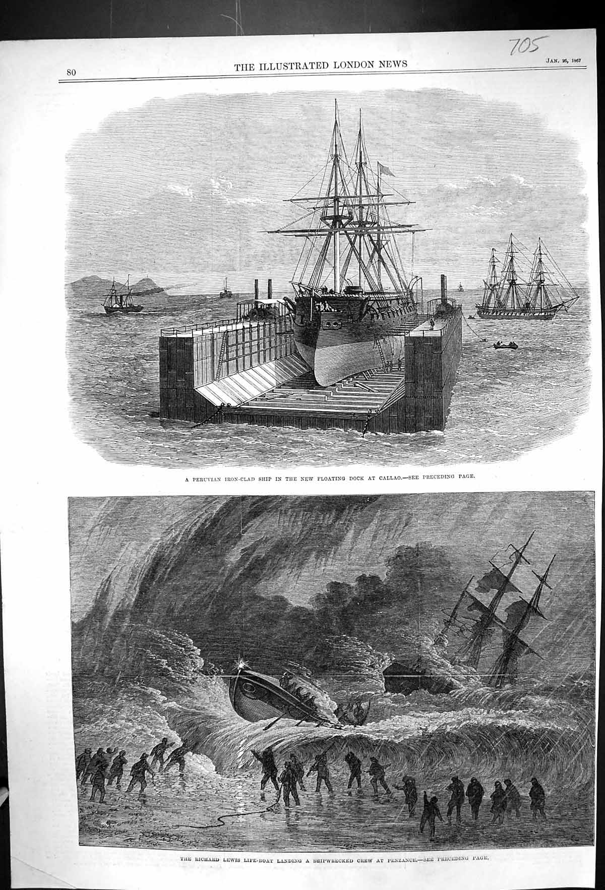 Old 1867 Peruvian Iron-Clad Ship Floating Dock Callao Richard Lewis L Victorian