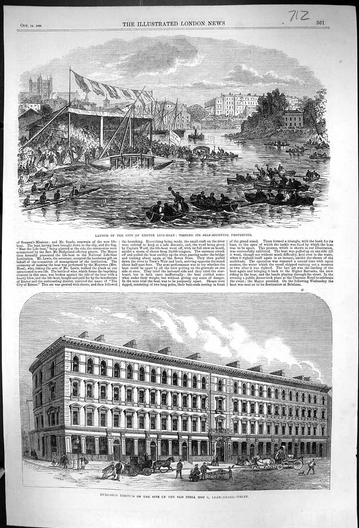 Old 1866 Launch City Exeter Life-Boat Buildings India House Leadenhal Victorian
