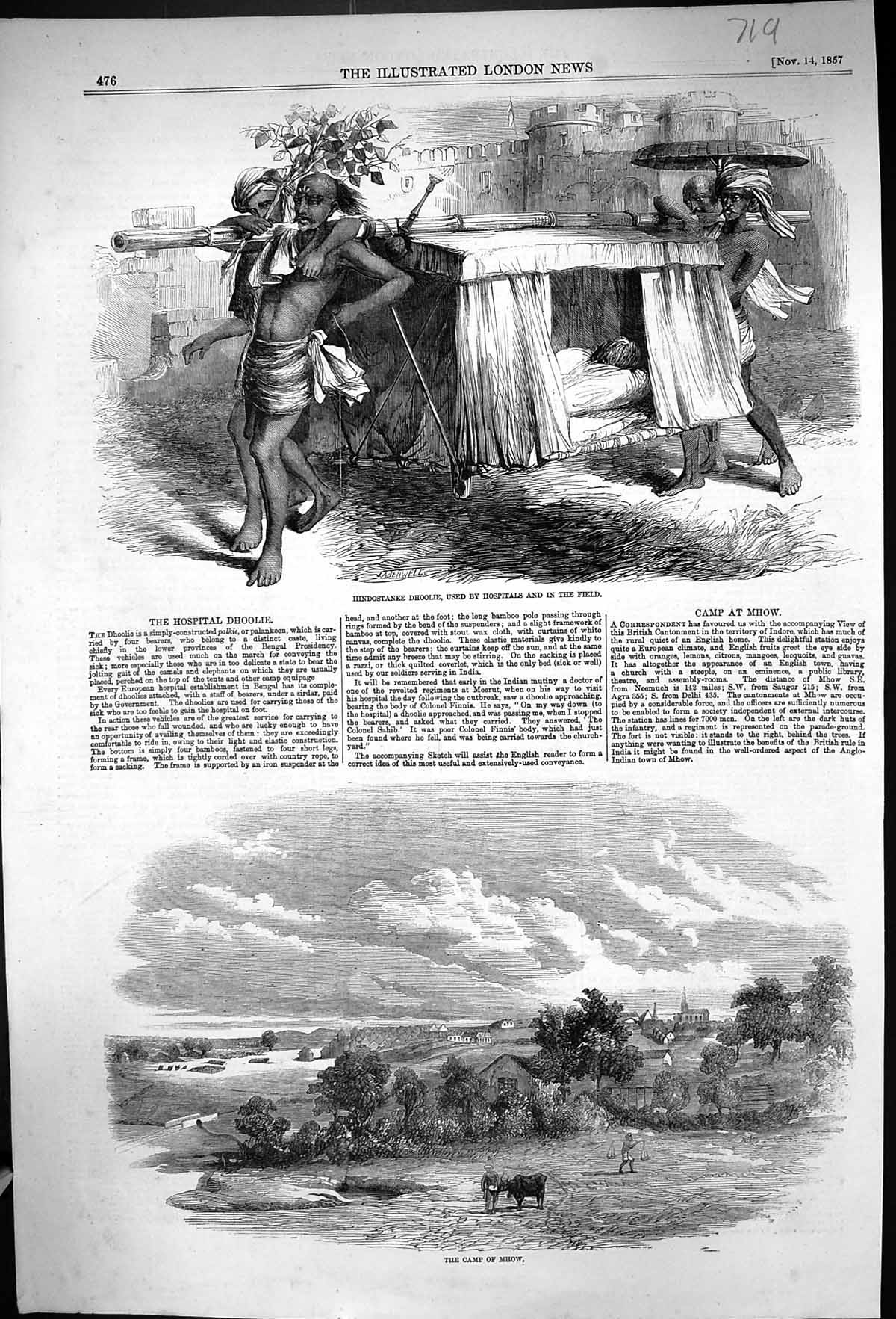 Antique Old Print 1857 Hindostanee Dhoolie War Hospital View Camp Mhow India