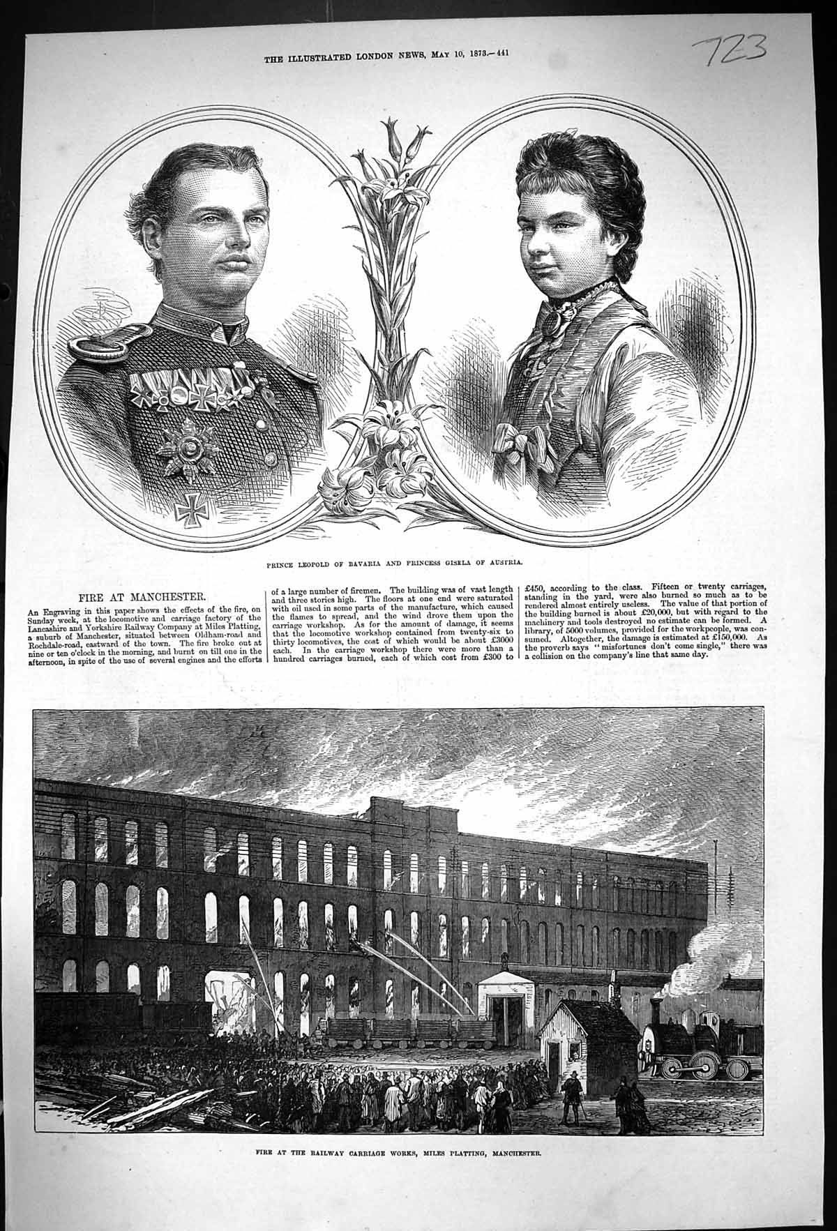 Antique Print 1873 Prince LeopBavaria Princess Gisela Austria Railway Works