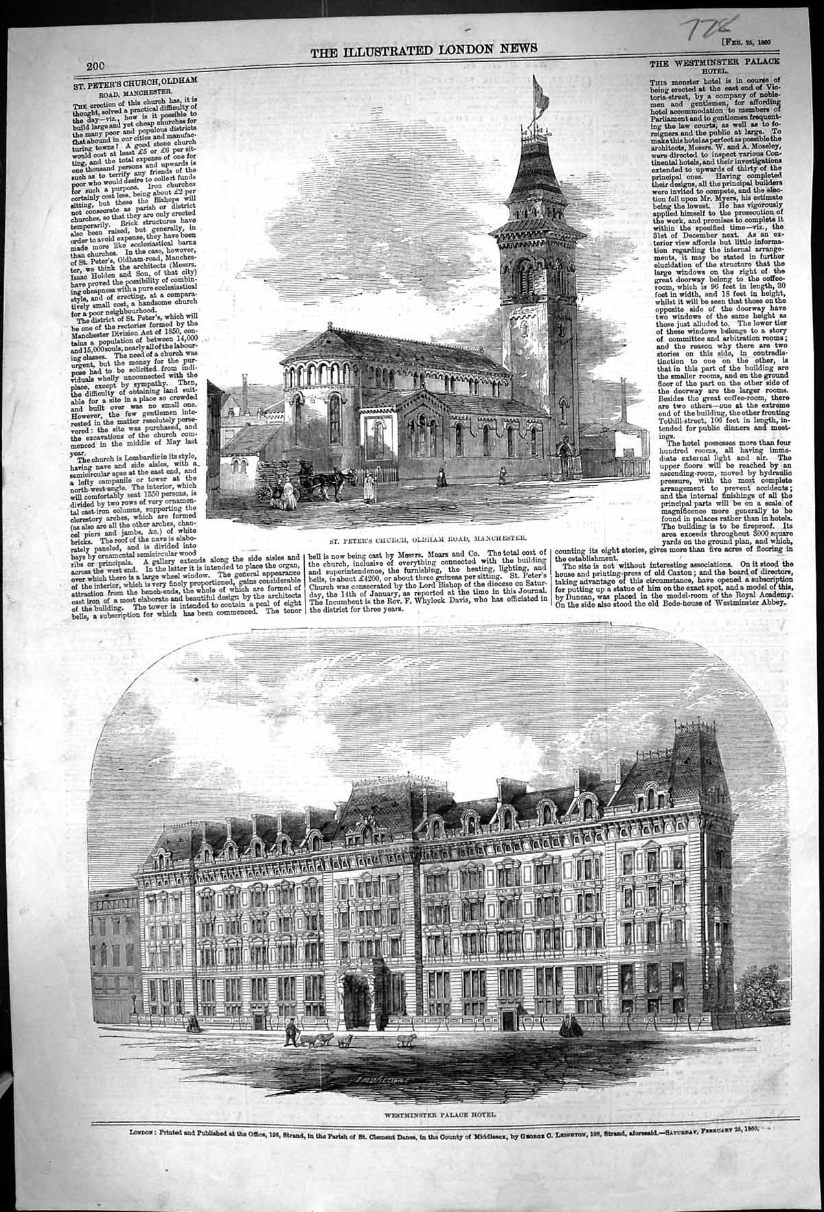 Old Print 1860 St. Peter'S Church ham Manchester Westminster Palace Hote 19th