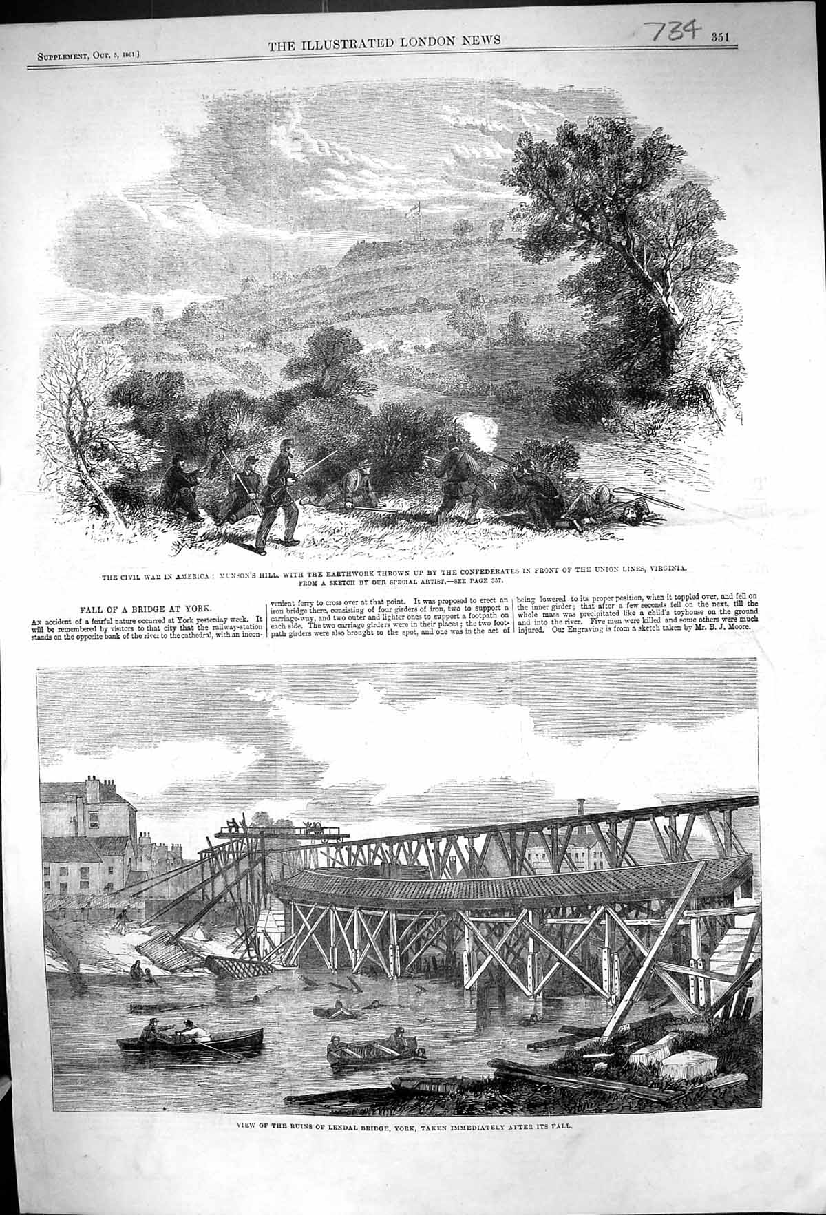 Old 1861 Civil War America Munson Hill Ruins Lendal Bridge York River Victorian