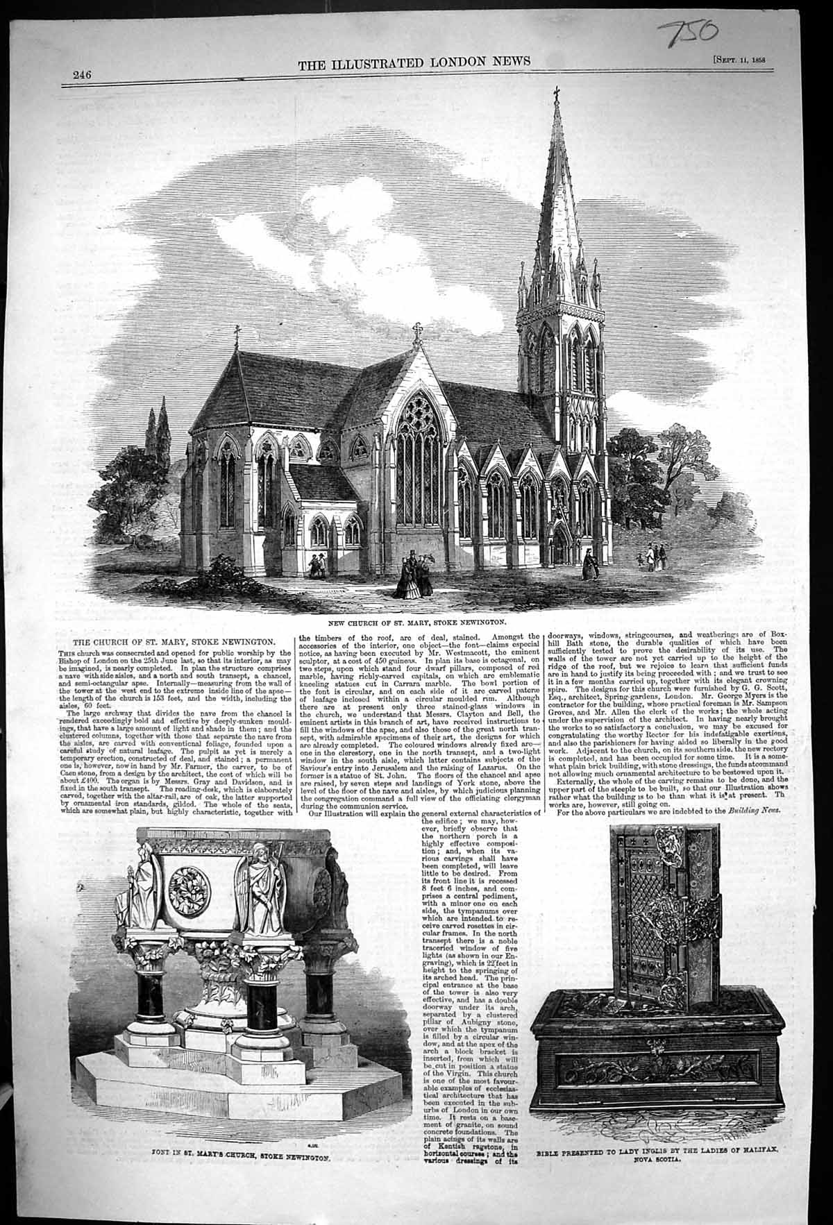 Old 6036 1858 Church St. Mary Stoke Newington Font Bible Lady Inglis