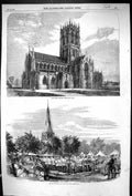 Old Print 1858 Doncaster Church Architecture Military Bazaar Chatham Sie 19th