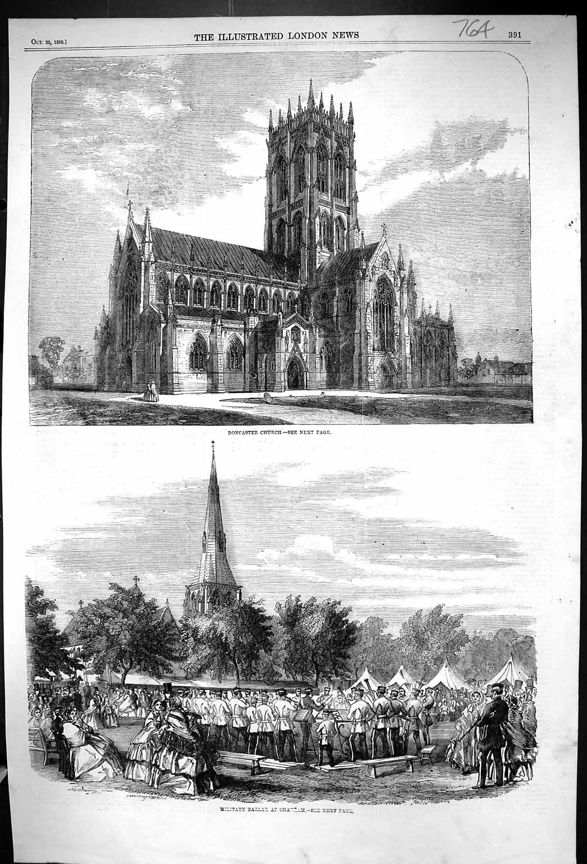 Old Print 1858 Doncaster Church Architecture Military Bazaar Chatham Sie 19th