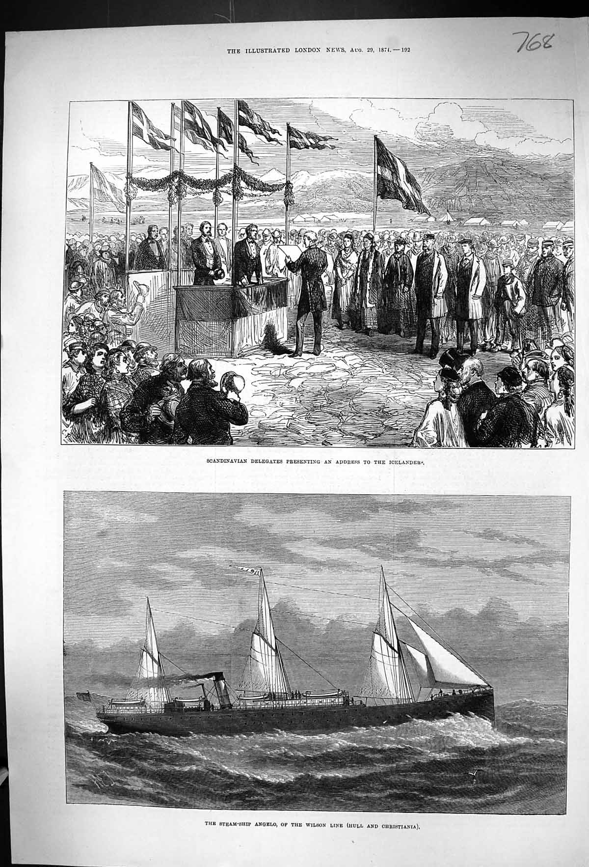 Old 1874 Scandinavian Delegates Address Icelanders Steam Ship Angelo Victorian