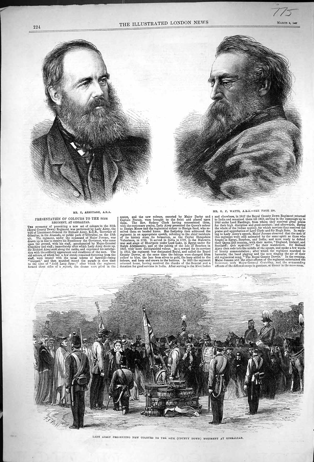 Old Print 1867 Armitage Watts Lady Airey S County Down Regiment Gibraltar 19th
