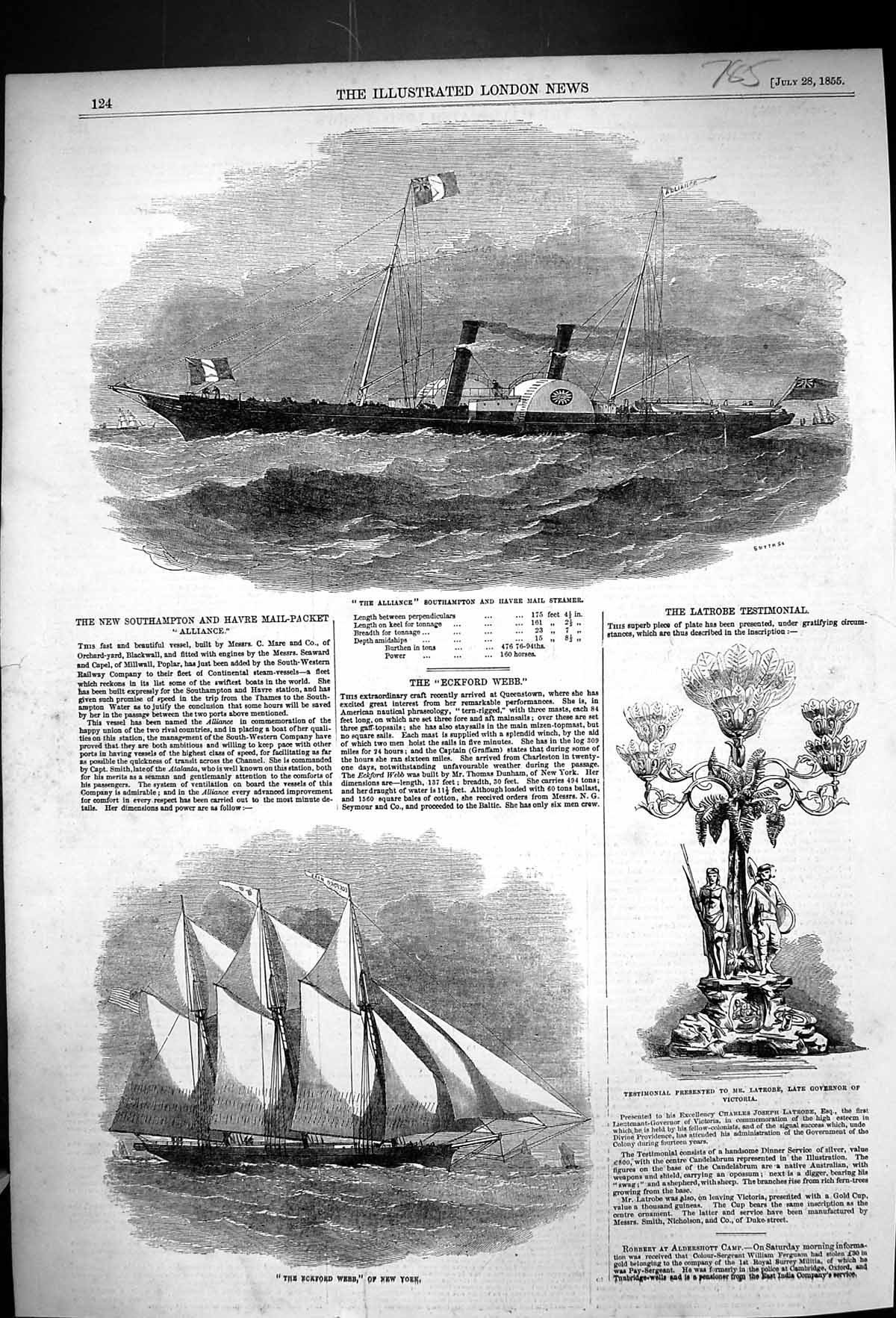 Old 1855 Alliance Southampton Havre Mail Steamer Ship Eckford Webb La Victorian
