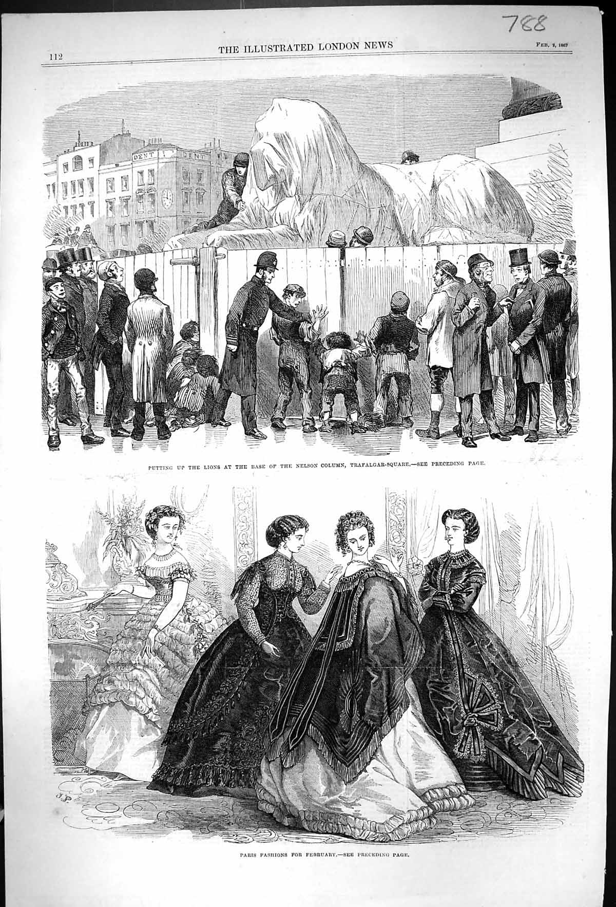 Old 1867 Ladies Paris Fashion Lions Base Nelson Column Trafalgar Squa Victorian
