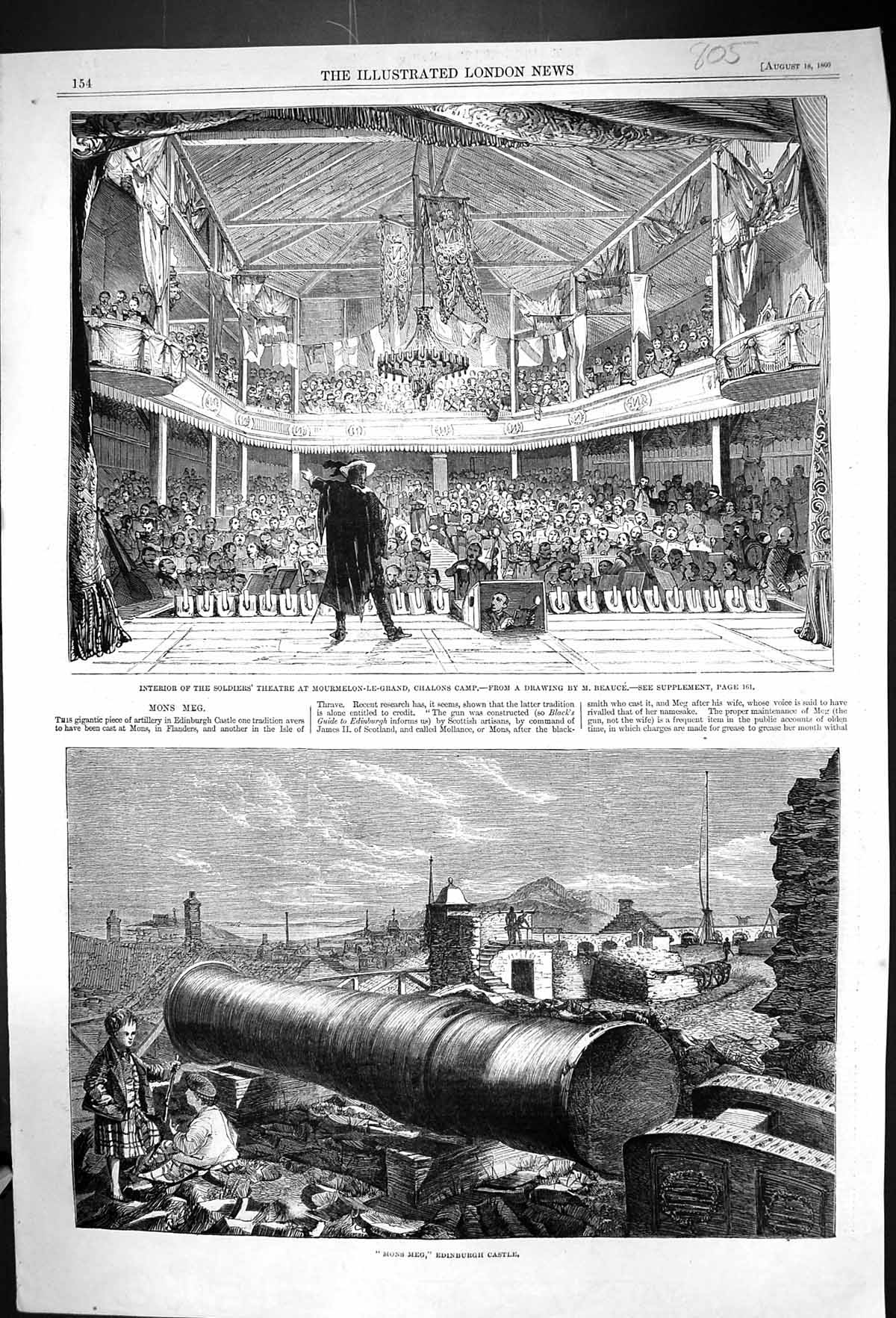Old Print 1860 Mons Meg Edinburgh Castle Siers Theatre Mourmelon-Le-Gran 19th