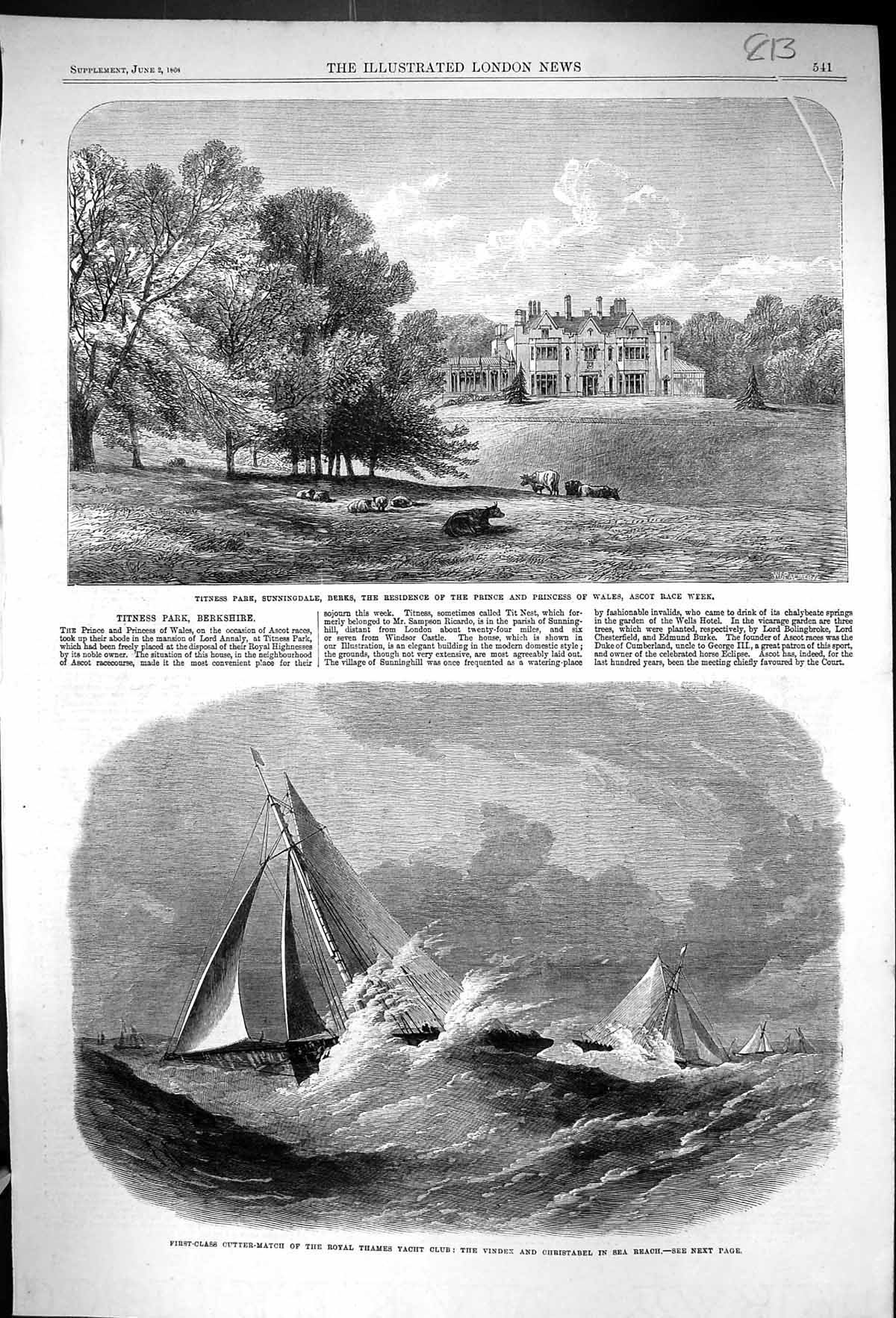 Old 1866 Cutter Match Royal Thames Yacht Vindex Christabel Titness Su Victorian