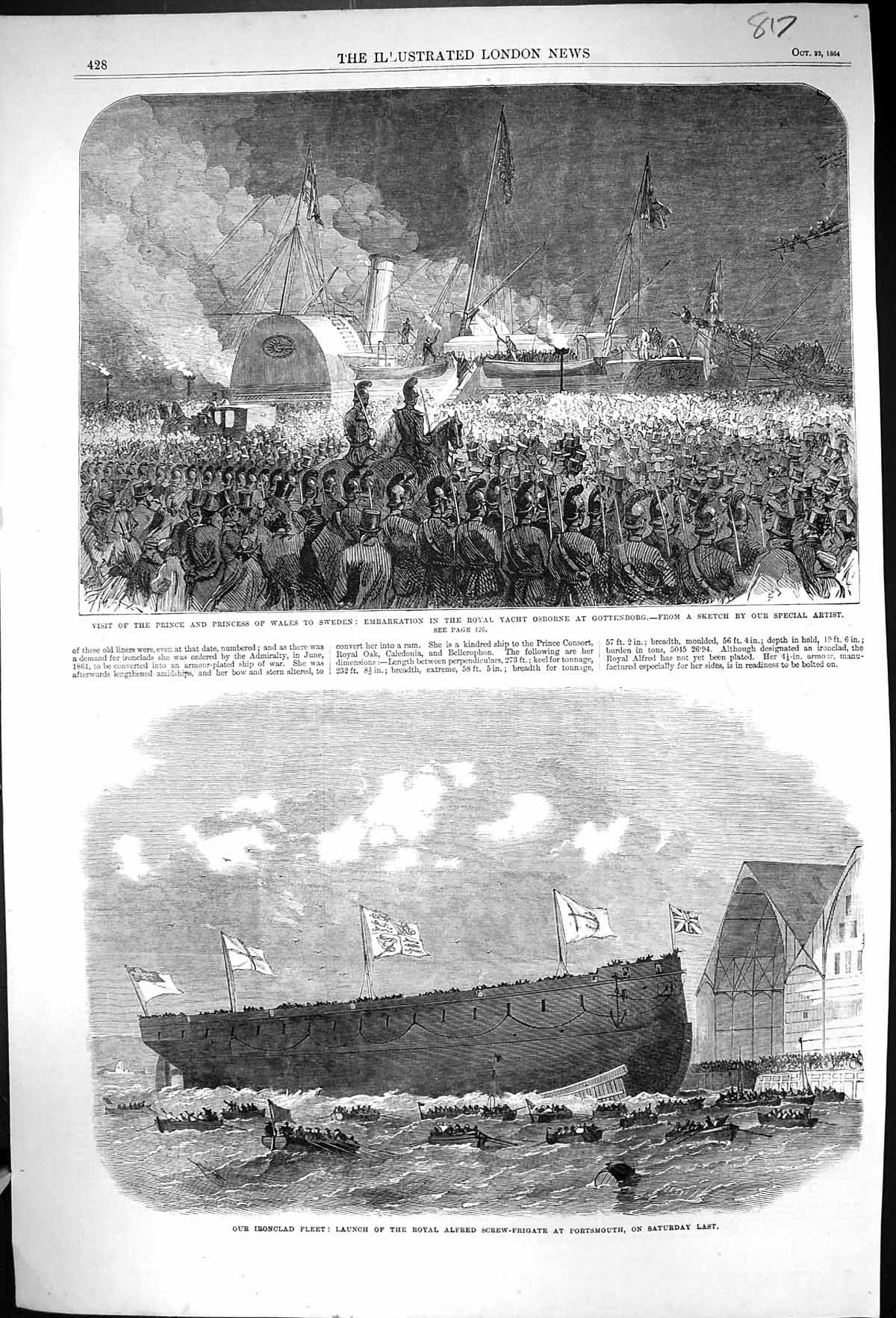 Old 1864 Prince Wales Sweden Royal Yacht Osborne Gottenborg Royal Alf Victorian