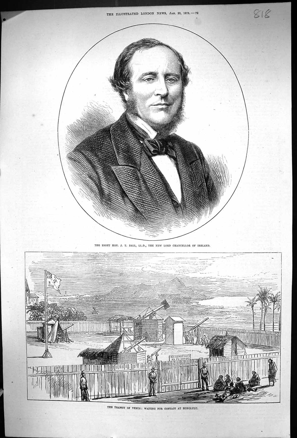 Old Print 1875 Ball Chancellor Ireland Transit Venus Observatory Honolulu 19th