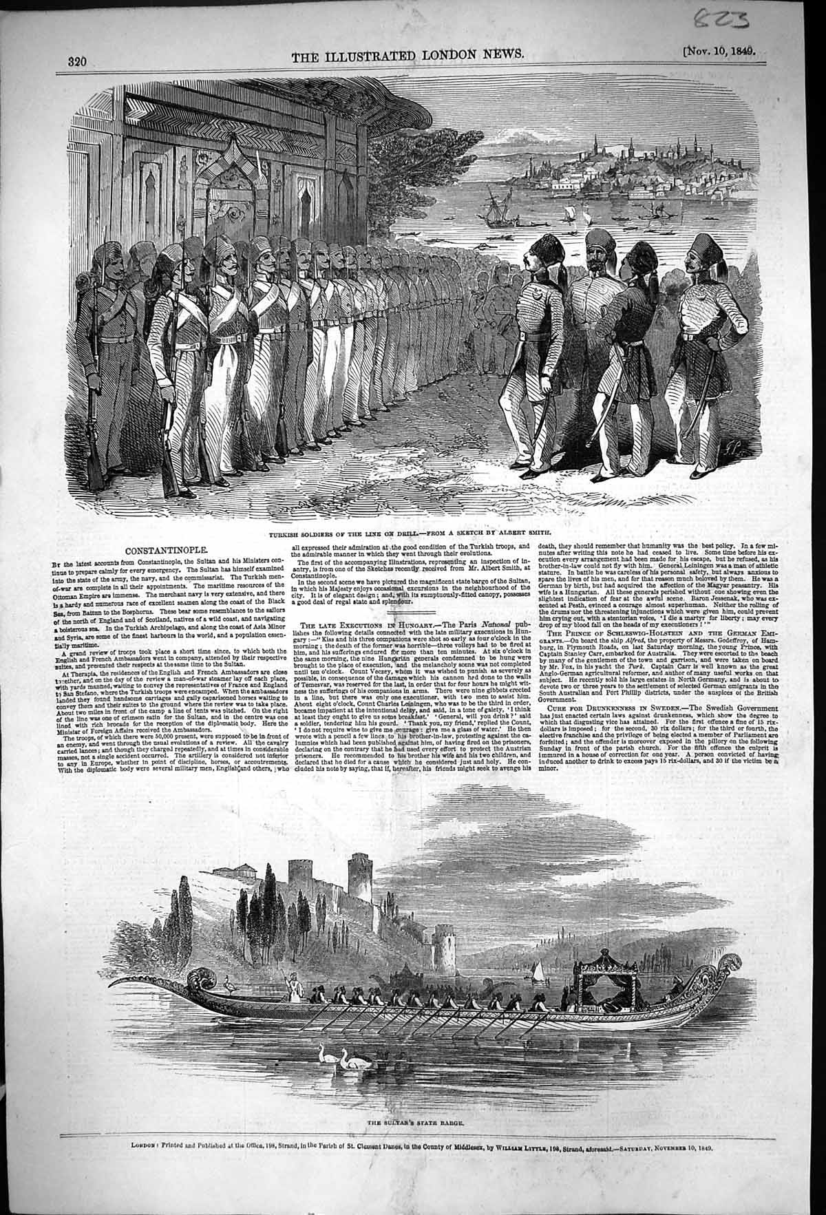 Old Antique Print 1849 Turkish Siers Drill Sultan State Barge River Boat 19th