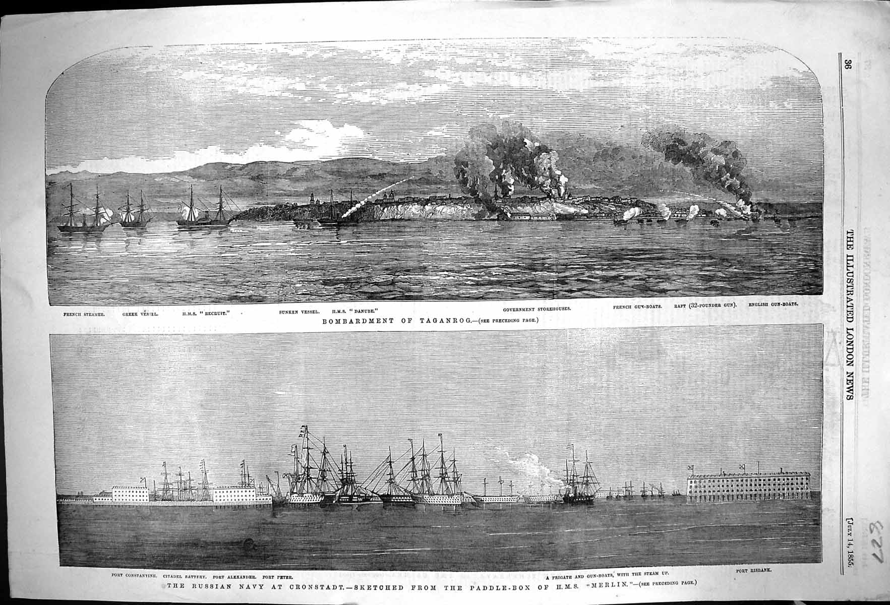 Old 1855 Taganrog War Ships Danube Recruit Cronstadt Merlin Risbank F Victorian