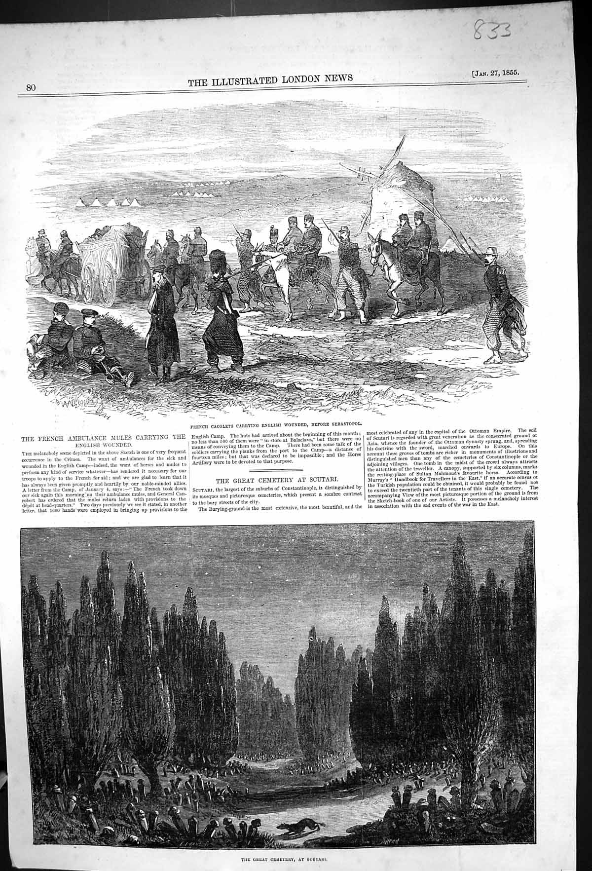 Old 1855 French Cacolets War English Army Sebastopol Night Scene Ceme Victorian